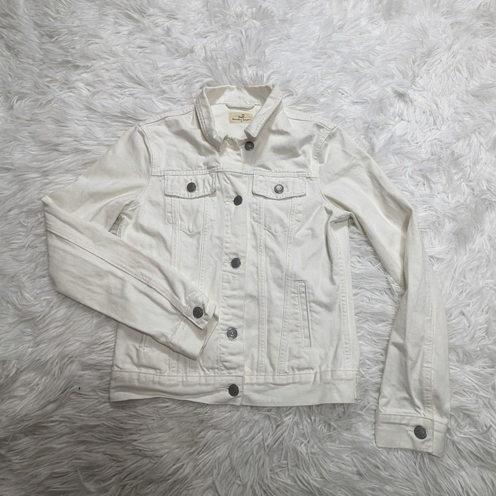 MARINE LAYER Denim Jean Jacket Women's XS White Distressed Fringe 100% Cotton‎